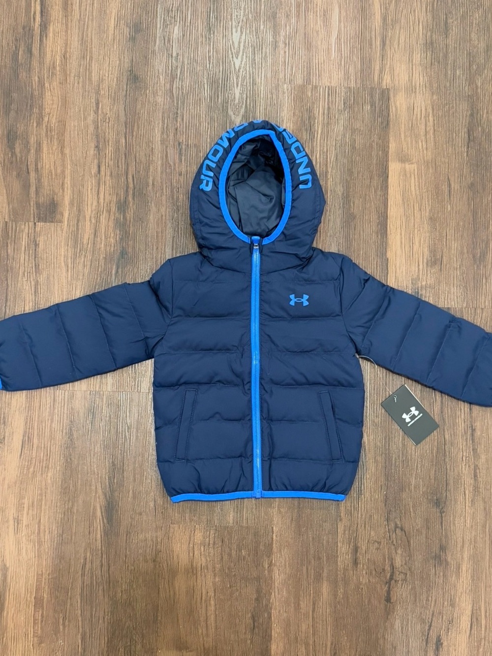 Under Armour Kids Navy Blue Hooded Puffer Jacket with Bright Blue Trim